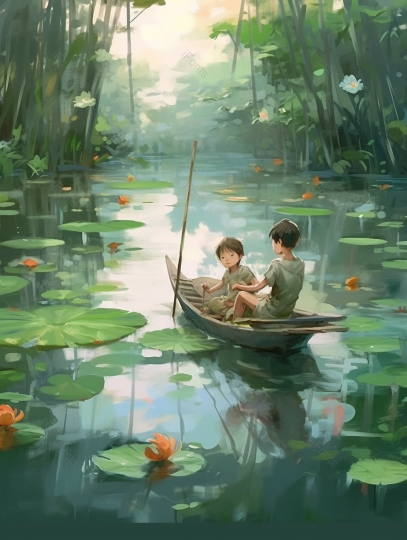 撑着小船在荷花湖面上的男孩手绘插画图,插画/手绘图,插画/手绘图库,插画/手绘图下载,插画/手绘